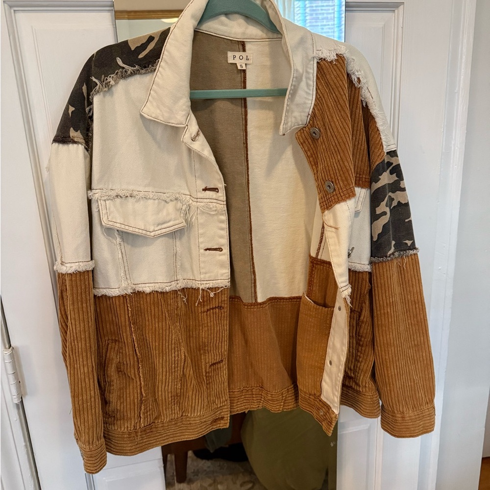 POL Corduroy Patch Jacket in Cream and Brown